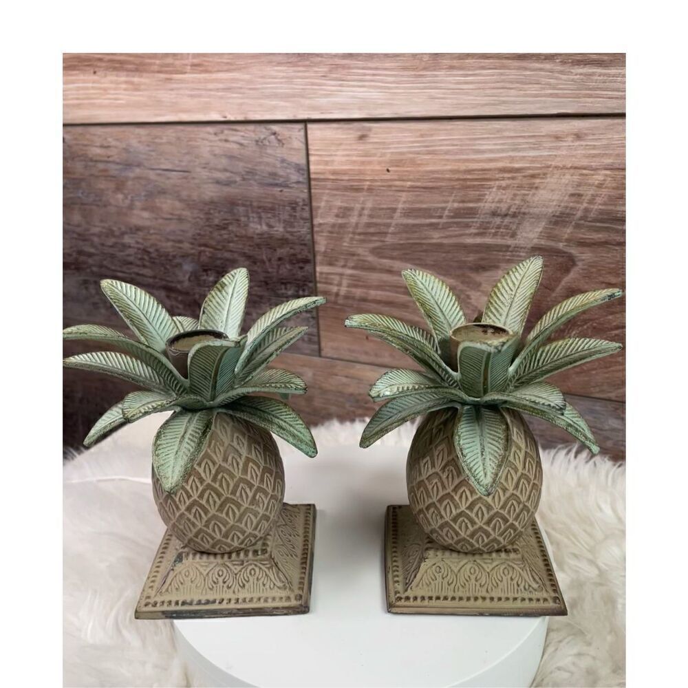 Metal Tropical Pineapple Single Candle Holders Set Beach House Green Tan
